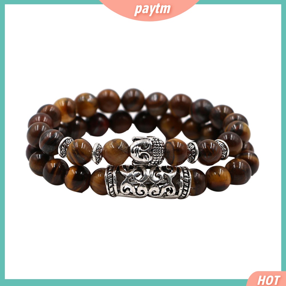 (PTM) Fashion 2Pcs Natural Stone Yoga Jewelry Unisex Buddha Head Beads Bracelets Set