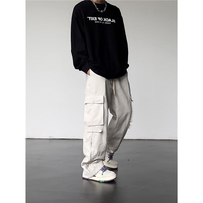 Quần Dài Ống Rộng Lưng Cao Nhiều Túi Phong Cách Retro Mỹ Cho Nam