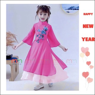 Áo dài Tết bé gái cách tân chất lụa Hàn mềm, mịn, mát áo tay xòe lửng phối váy cho bé 8kg đến 22kg