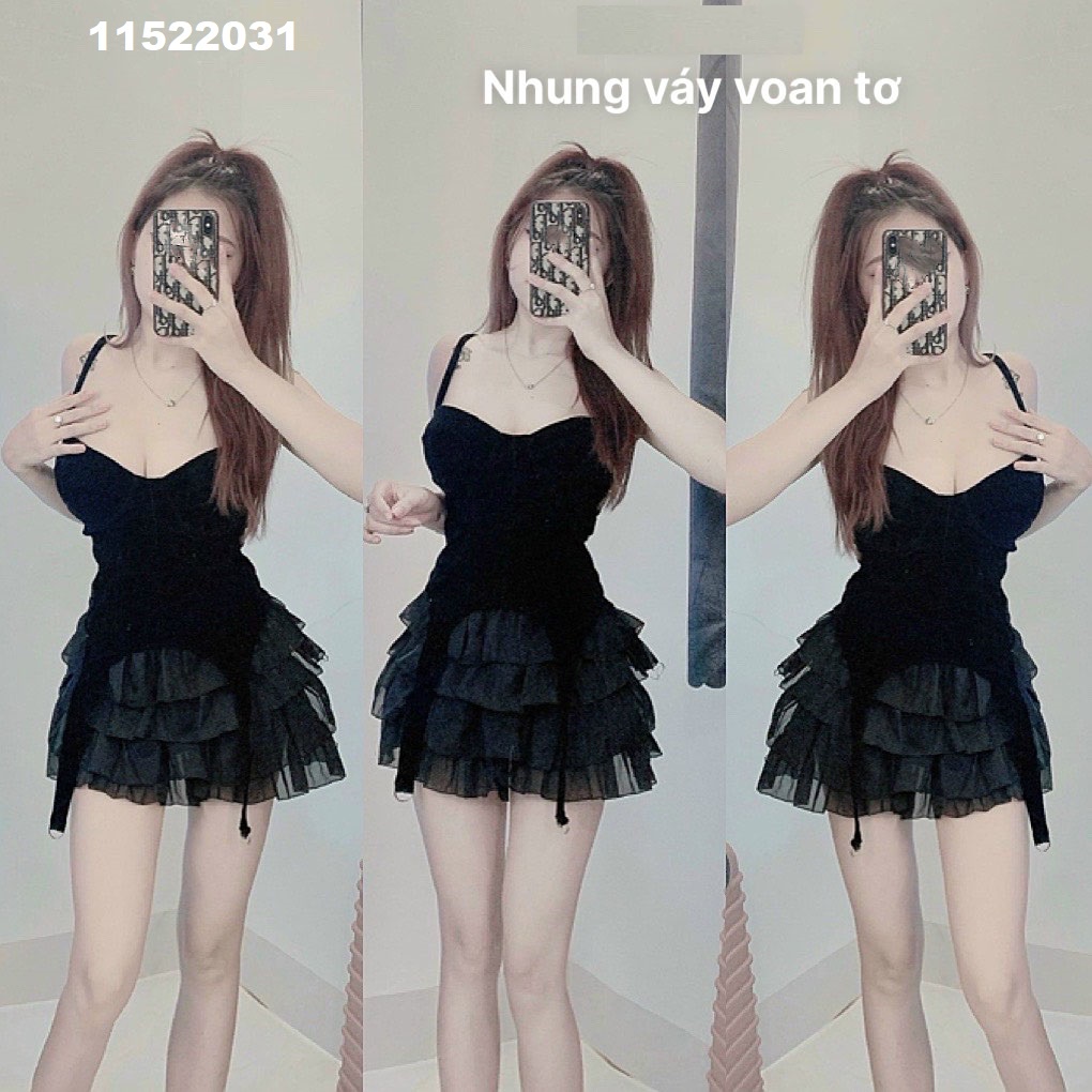 Set kiểu xinh hai dây chất nhung bìa phối chân váy voan tơ nhũ đẹp