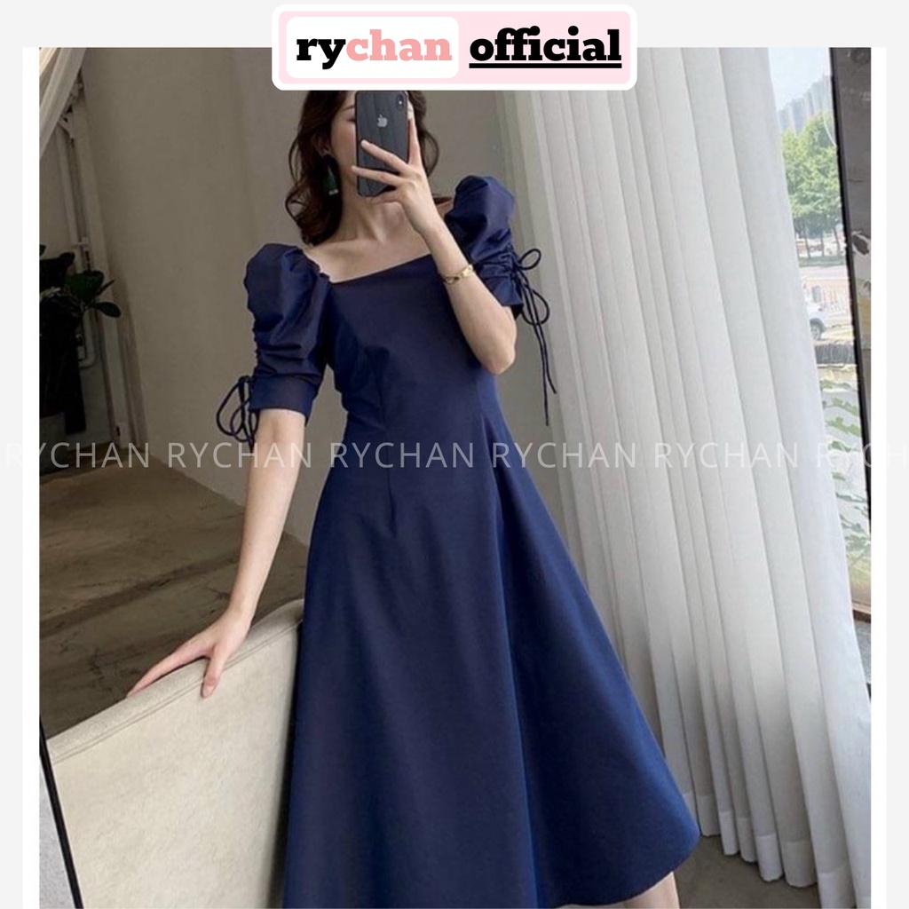 Đầm Nữ Đi Tiệc Form Dài Xòe Tay Rút Nơ Siêu Xinh, Đầm Thiết Kế Cổ Vuông Tay Ngắn Phồng Tôn Dáng Sành Điệu- DX189