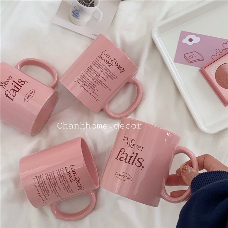 Cốc gốm sứ uống nước màu Hồng in chữ phong cách, ly sứ quai cầm uống cafe sữa chịu nhiệt |Chanhhome.decor|