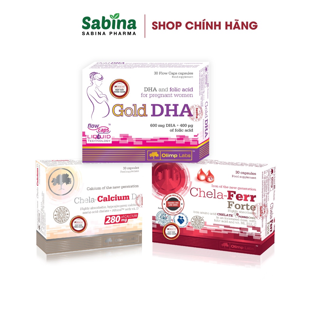 COMBO 3 hộp Sắt Chela-Ferr Forte 14,4g + Gold DHA 25,35g+ Canxi Chela