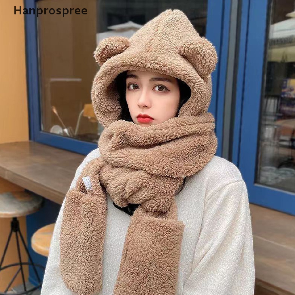 Hanprospree > Set Mũ Beanie Và Khăn Choàng Cổ Tai Gấu Bằng Vải Lông Cừu Màu Trơn Ấm Áp Mùa Đông Giản Dị Dành Cho Bạn Nữ
