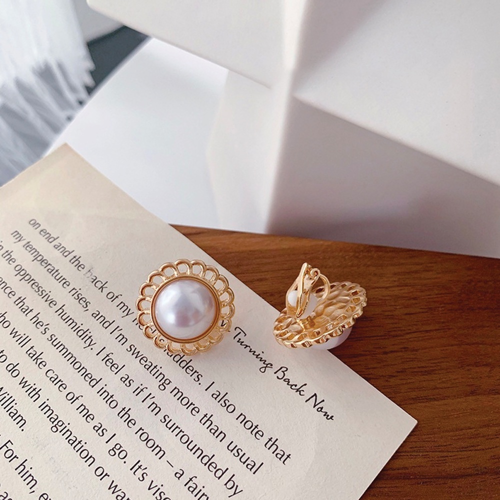 Khuyên tai kẹp không bấm lỗ chốt cố định K170 bằng hợp kim mạ vàng hình tròn hạt trai bigsize dáng ngắn Leous