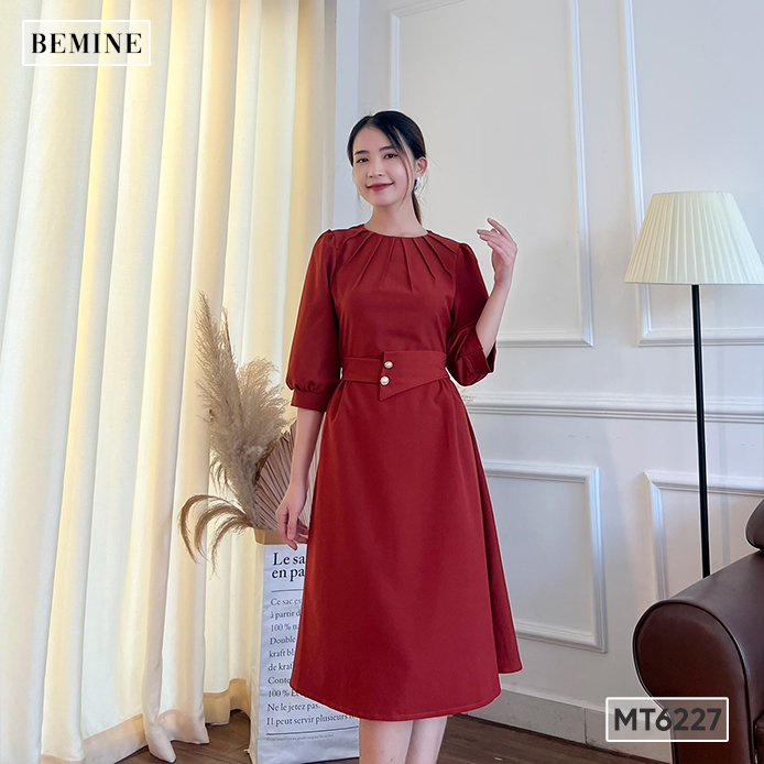 Đầm cổ xếp li tay dài eo đinh nút BEMINE MT6227