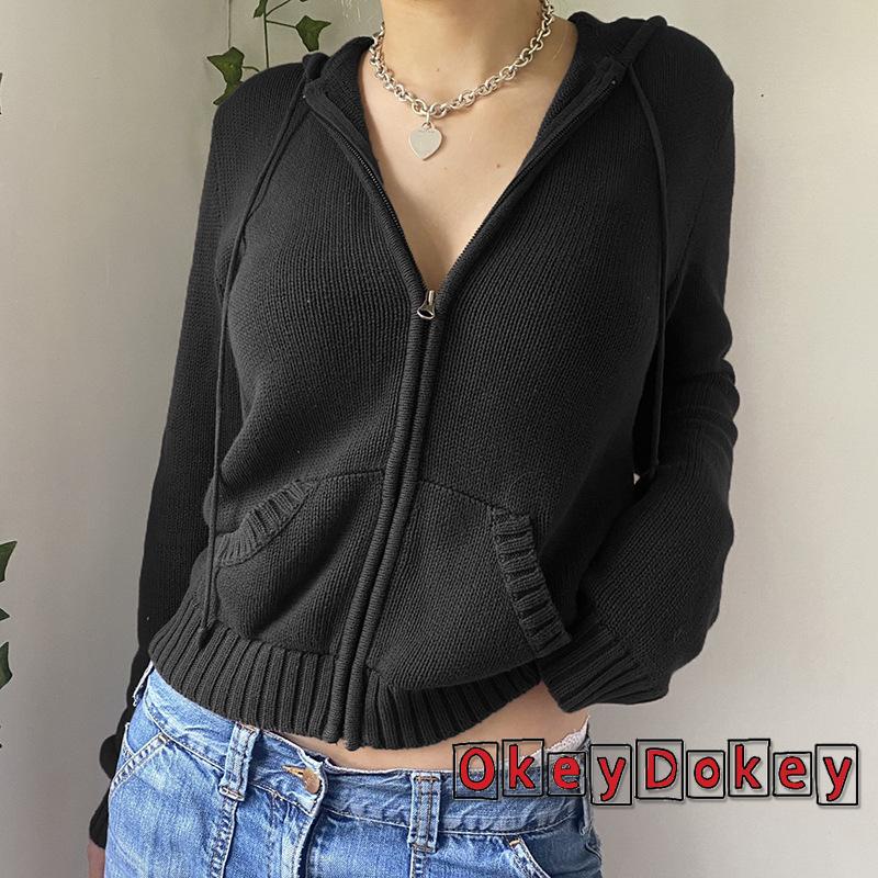 Áo Sweatshirt Dệt Kim Tay Dài Màu Trơn Có Khóa Kéo Toàn Diện Cho Nữ