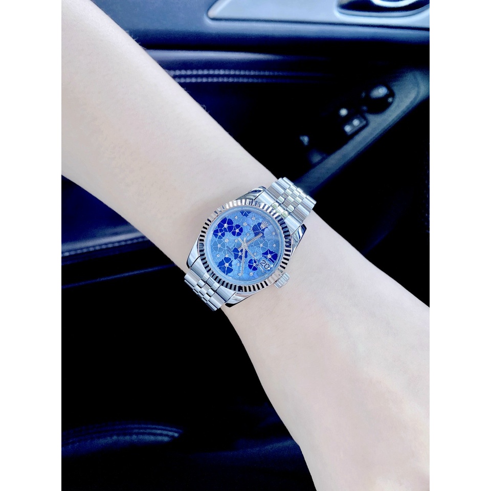 Đồng hồ đeo tay nữ, đồng hồ nữ ROLEX chính hãng dây kim loại, kính Sapphire size 32mm mặt xanh thời trang, viền cổ điển
