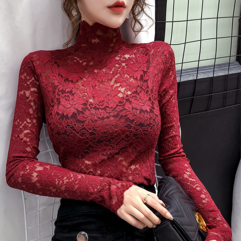 Áo Ren Lưới Đen Cổ Cao Dài Tay Thời Trang Nữ