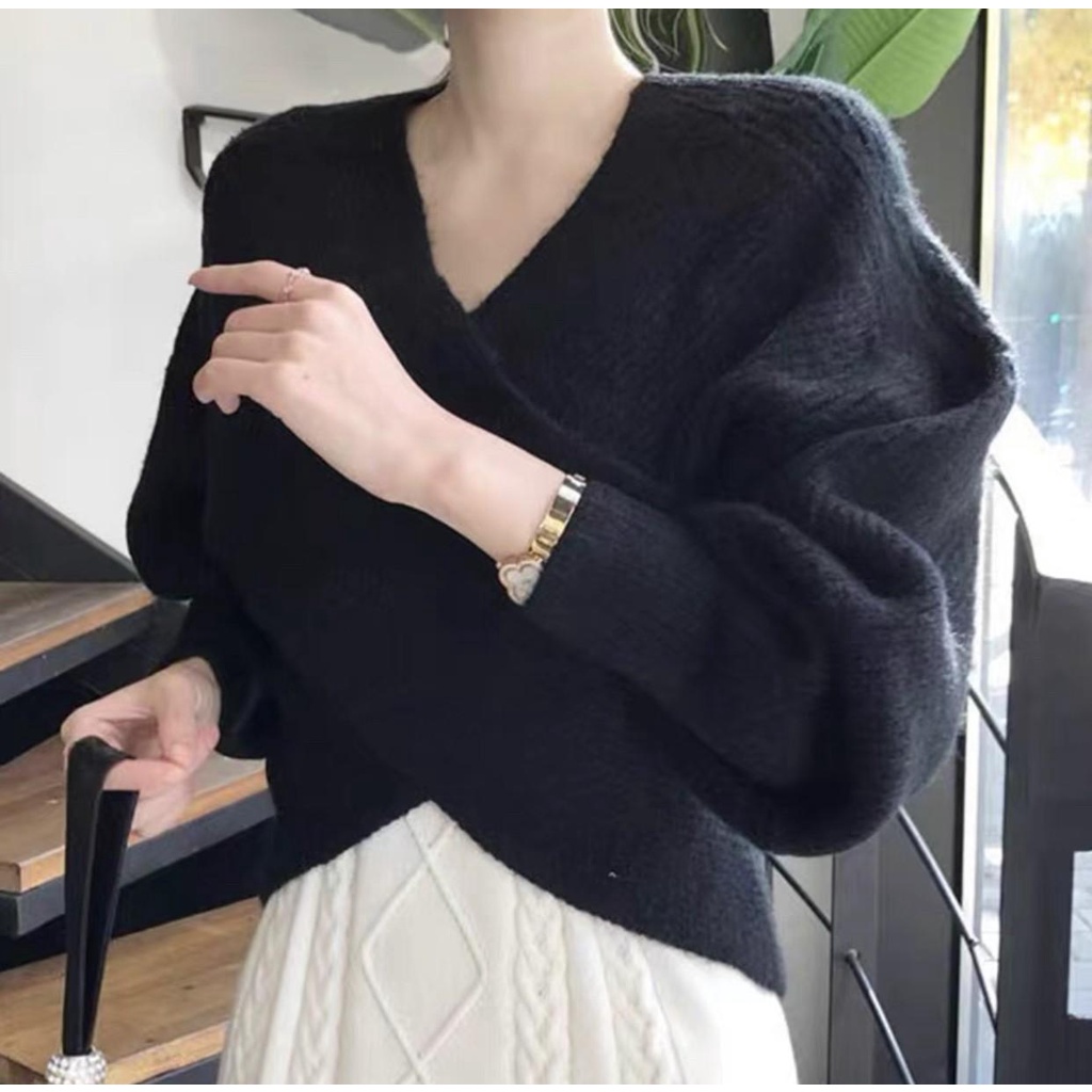MS1004 Áo len kiểu nữ vạt chéo tay phồng Hàn Quốc
