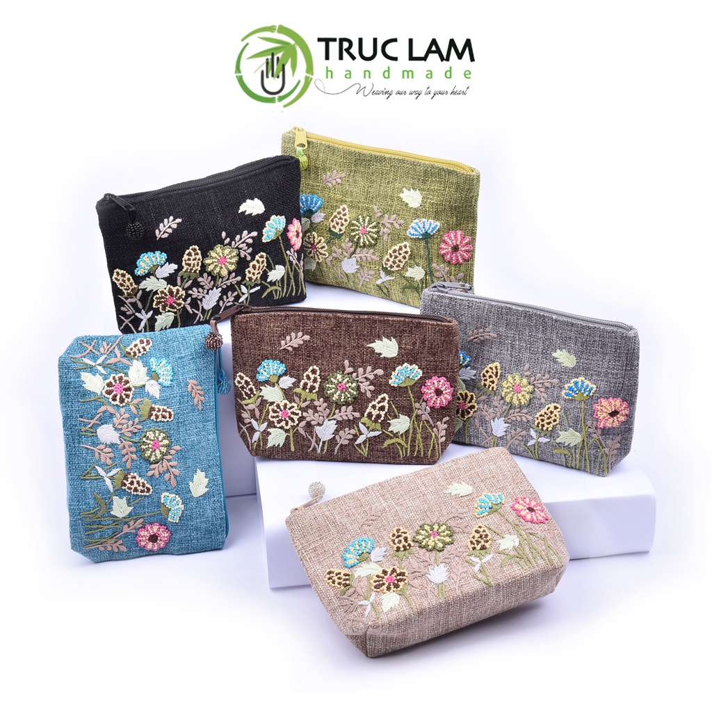 Ví Cầm Tay Túi Đựng Vải Gai Họa Tiết Hoa Cỏ Thêu Tay - Trúc Lâm Handmade | BigBuy360 - bigbuy360.vn