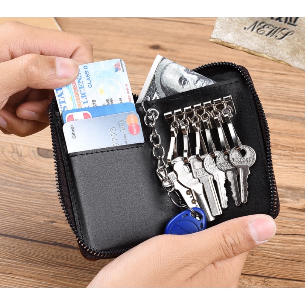 Ví Da Nam Đứng Đựng Chìa Khóa Xe Hơi Đa Năng Nhiều Khe Thẻ Ngăn Để TiềnTiện Lợi Có Khóa Kéo An Toàn Chống Trộm RFID