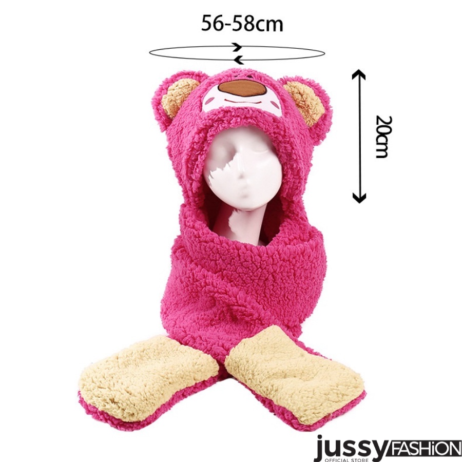 Mũ Khăn Gấu Dâu Hồng Dễ Thương 3 Trong 1 Jussy Fashion Kiểu Mũ Len Trùm Đầu Hình Gấu Hồng Kèm Khăn Và Bao Tay Tiện Lợi