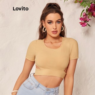 Lovito áo thun nữ plain rib knit cut out l36ld016