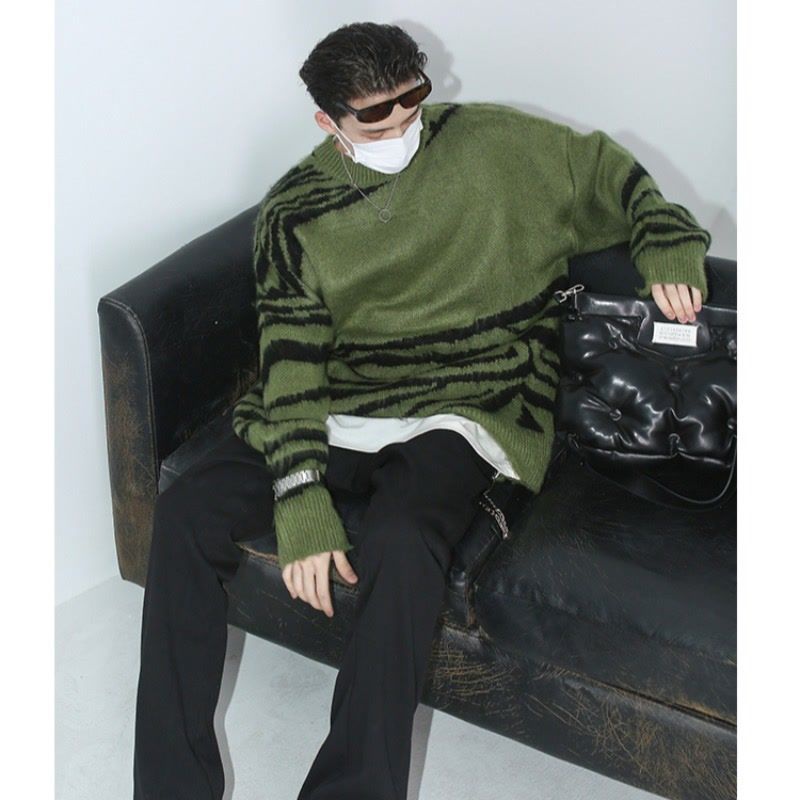 Áo Sweater Dệt Kim Cổ Tròn Dáng Rộng In Họa Tiết Ngựa Vằn Kiểu Mỹ Thời Trang Thu Đông Cho Nam