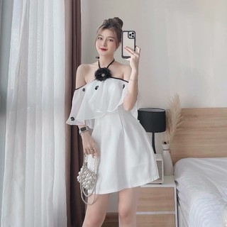 Đầm cổ yếm trễ vai thời trang nữ mặc đi chơi bèo voan lụa đính hoa có mút ngực,