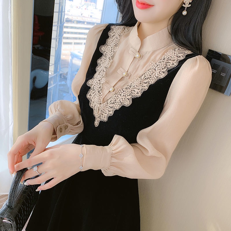 Plus Đầm Cổ Đứng Cài Nút Phối Màu Tương Phản Kiểu Retro Thời Trang Mùa Xuân 2022 Cho Nữ