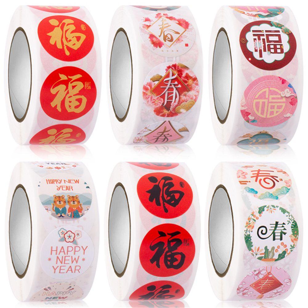 Cuộn 500 sticker dán trang trí hộp quà chủ đề mừng năm mới xinh xắn