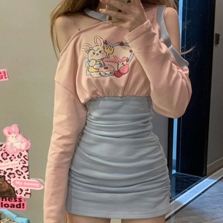 Đầm body hở vai phối màu xanh hồng in hình chú mèo (XẢ)