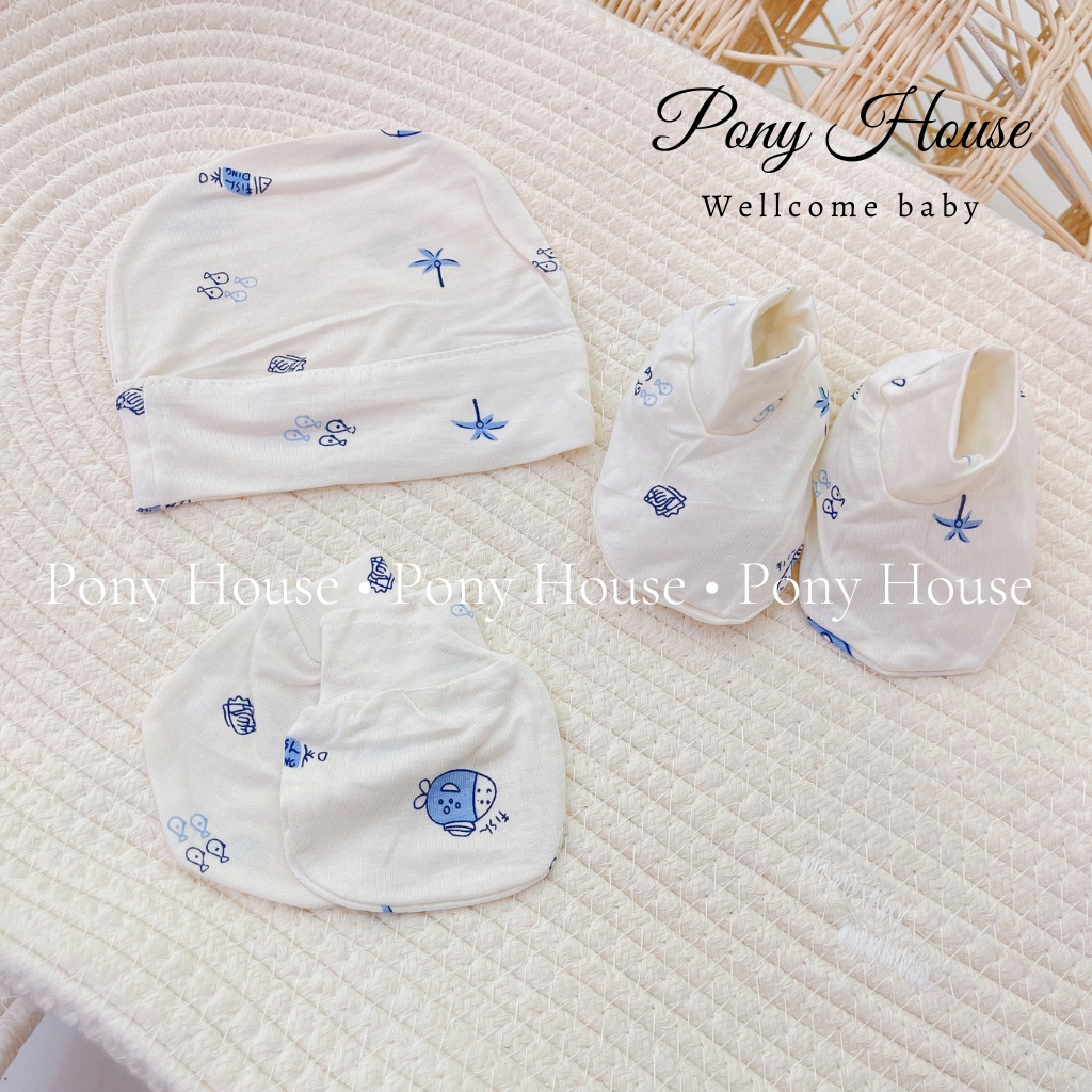 Set Mũ  Bao Tay  Bao Chân Sơ Sinh Chất Cotton Thun Lạnh Mềm Mại Cho Bé Trai, Bé Gái Sơ Sinh Từ 0-3 Thángg bị