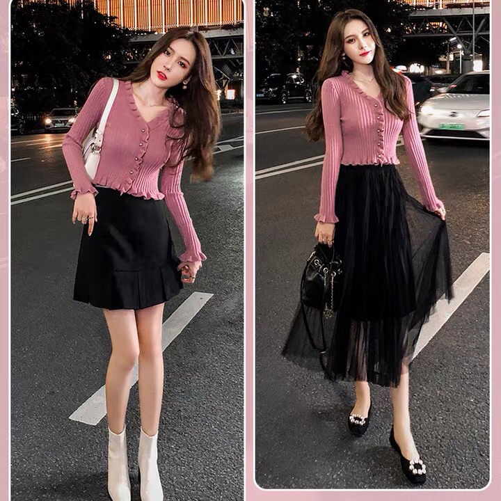 [Giao Ngay] Áo Sweater Dệt Kim Ngắn Tay Dài Dáng Ôm Màu Hồng Cá Tính Phong Cách Mới Thu Đông Cho Nữ