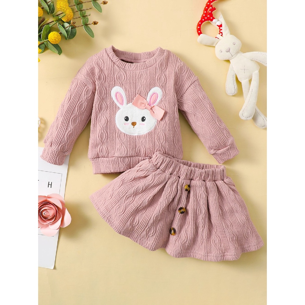 Bộ đồ MIKRDOO gồm áo dài tay họa tiết thỏ và chân váy giữ ấm thời trang mùa thu dành cho bé gái 
