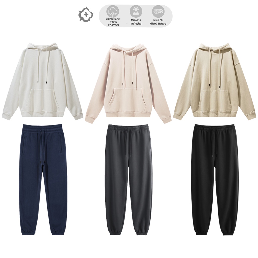 Set Hoodie Trơn Nữ Nam TNC - Đồ Bộ Áo Nỉ Khoác Nón Quần Thun Dài Jogger - Unisex Form Rộng Oversize Cotton Chân Cua Dày