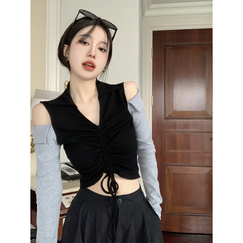 Áo kiểu ZHELIHANGFEI trễ vai tay dài phối dây rút phong cách retro