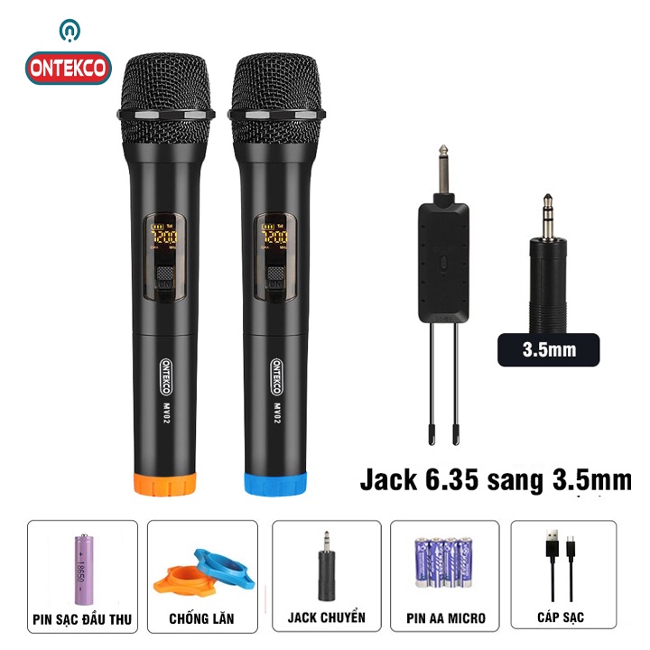 Trọn Bộ micro không dây ONTEKCO MV02 - 2 micro màu đen bóng thu phát sóng VHF không dây