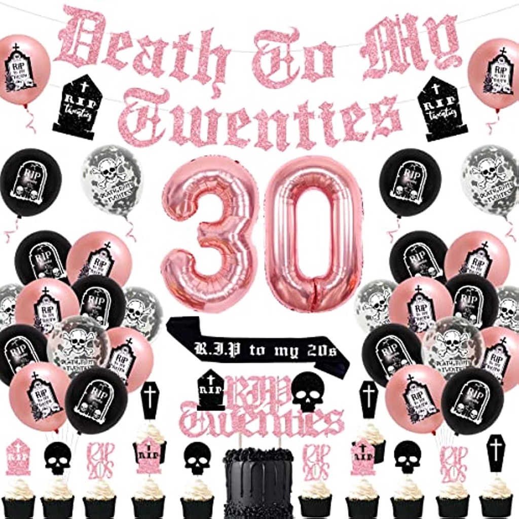 Que Cắm Trang Trí Bánh Sinh Nhật 30th Màu Vàng Hồng Và Đen Họa Tiết Death To My Twentyies Rip To My 20s Vui Nhộn
