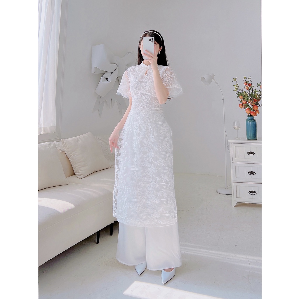 Set áo dài cách tân nữ trắng, quần lụa YAD115 Tuyết Mai YAME