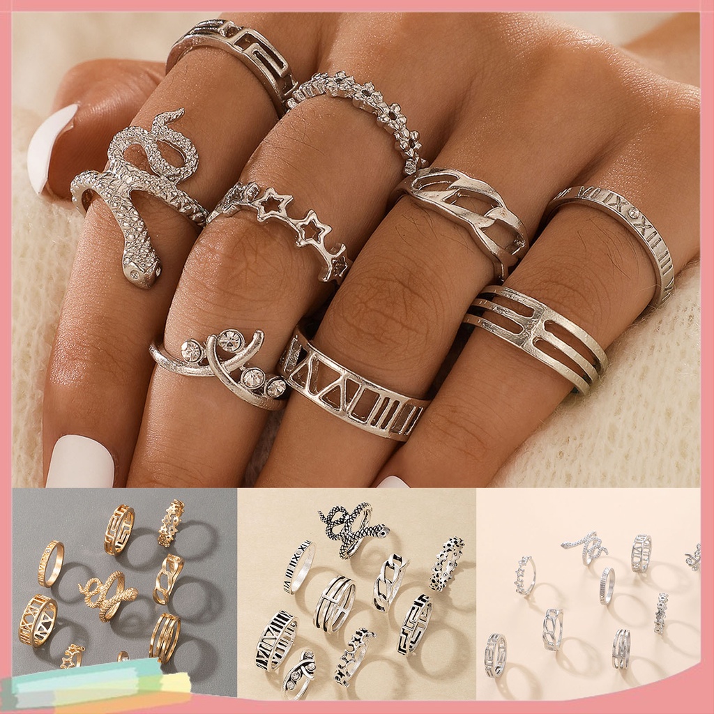 Set 9 nhẫn đeo tay kim loại tạo hình rắn cá tính cho nữ
