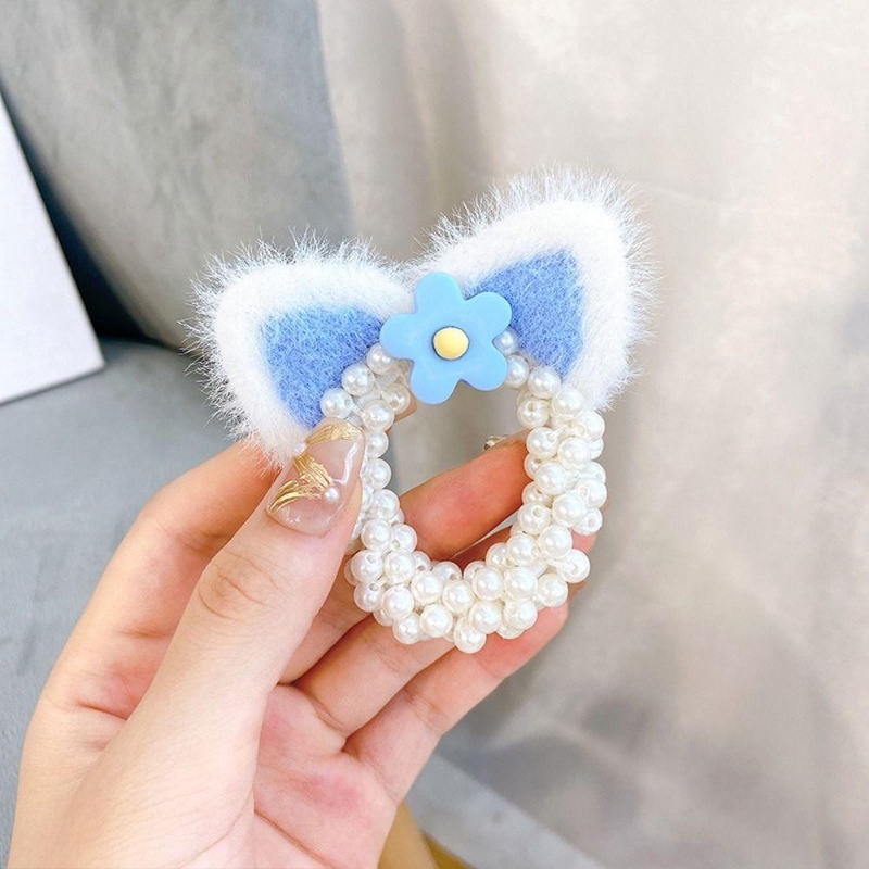 Dây Cột Tóc Hai Lớp Co Giãn Đính Tai Mèo Bông / Ngọc Trai Dễ Thương Cho Bé Gái