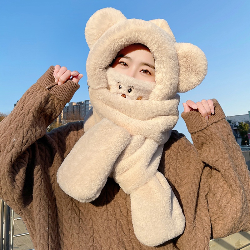 Set Mũ + Khăn Choàng Cổ + Găng Tay + Yếm Ăn Có Nón Hình Gấu Dễ Thương Cho Bé