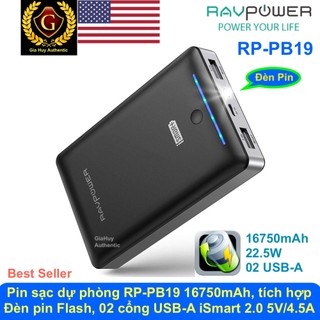 [Bản Quốc Tế] Pin sạc dự phòng cao cấp RAVPower RP-PB19 16750mAh 22.5W 02 USB-A, tích hợp Đèn pin Flash