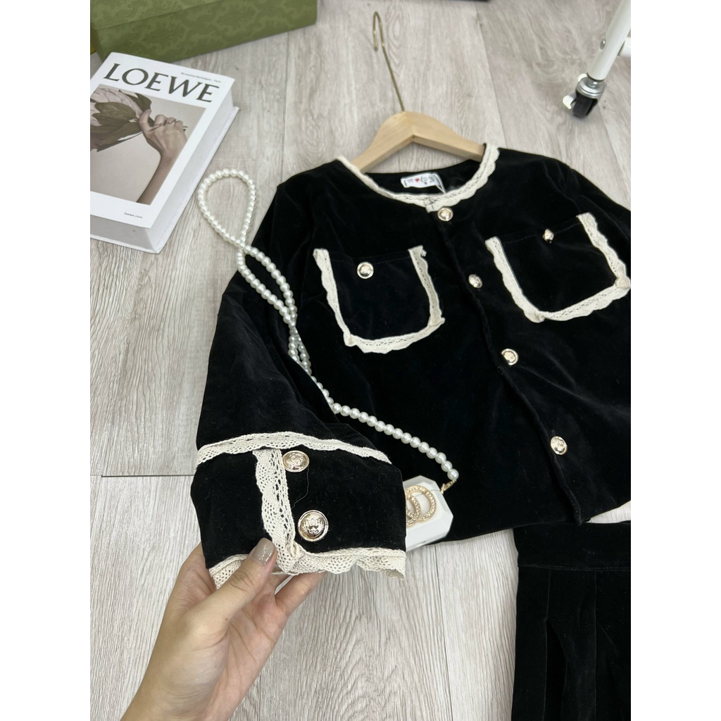 Set áo váy nhung Quảng Châu thiết kế dài tay phối viền ren tiểu thư, Set đồ nữ thu đông trẻ trung rẻ đẹp Bun Shop20