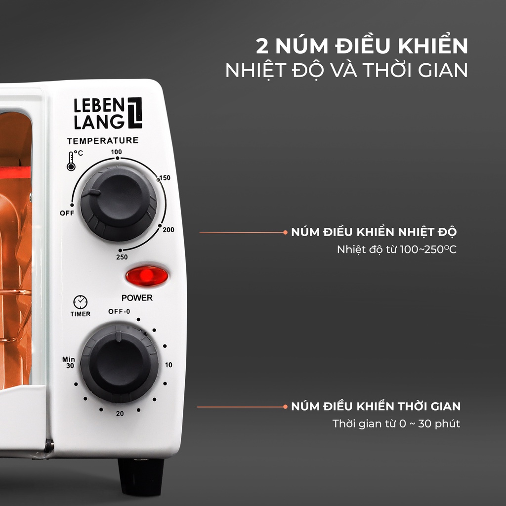 Lò Nướng Mini Đa Năng LEBENLANG, Công Suất 800W, Dung Tích 12L, Bảo Hành 24 Tháng, 3 Màu Đen, Nâu, Trắng.