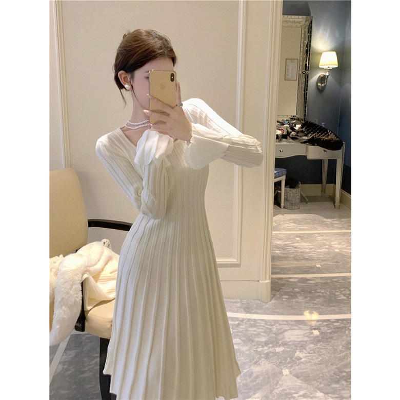 Winter New Product Spot Second Shot Pure Desire Wind Long Sleeve Knitted Dress Women's Autumn and Winter 2023 New Temperament Medium Long Knitted Dress Long Sleeve Fur Neck Knitted Cardigan Coat