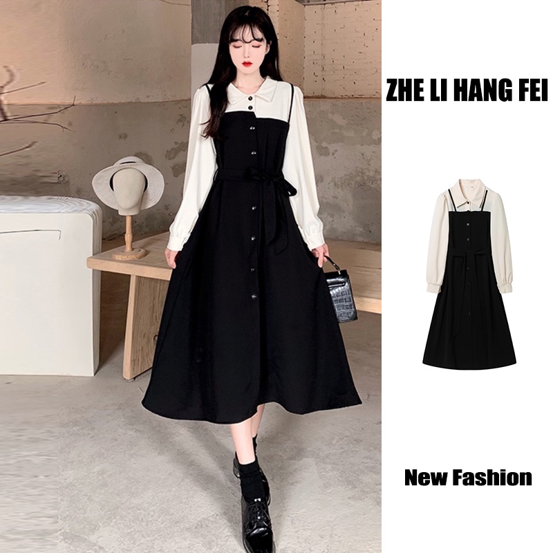 Đầm ZHELIHANGFEI giả hai lớp dài tay phong cách Pháp thanh lịch dành cho nữ