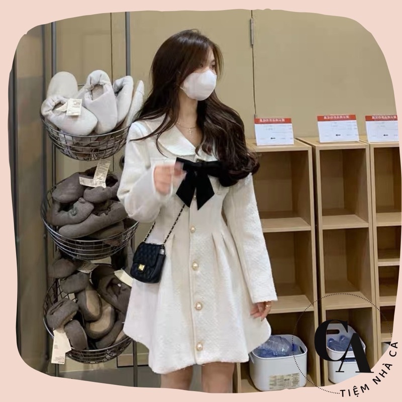 Đầm công chúa váy xoè cổ V tay bồng nơ ngực hoa gấm đi làm, đi chơi, đi tiệc