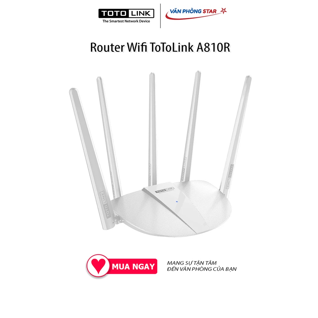 Router Wifi ToToLink A810R. Chuẩn kết nối 802.11a/b/g/n/ac Số lượng ăng-ten 5. Tần số hoạt động 2.4 GHz / 5 GHz