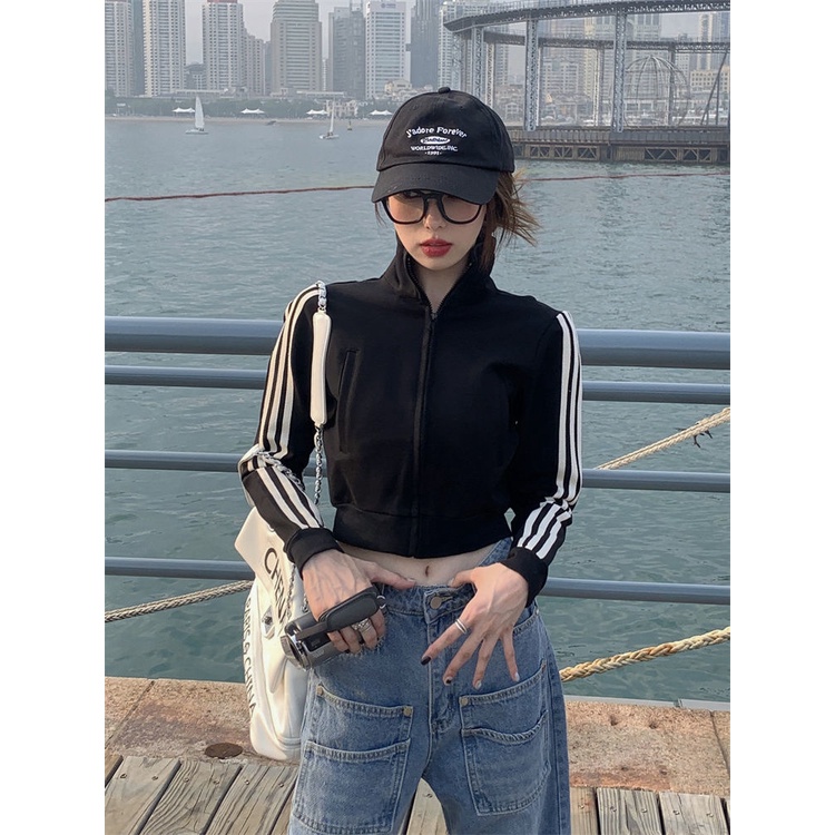 COZOKC COZOK Áo khoác crop top COZOK cổ đứng có khóa kéo phong cách thể thao cá tính
