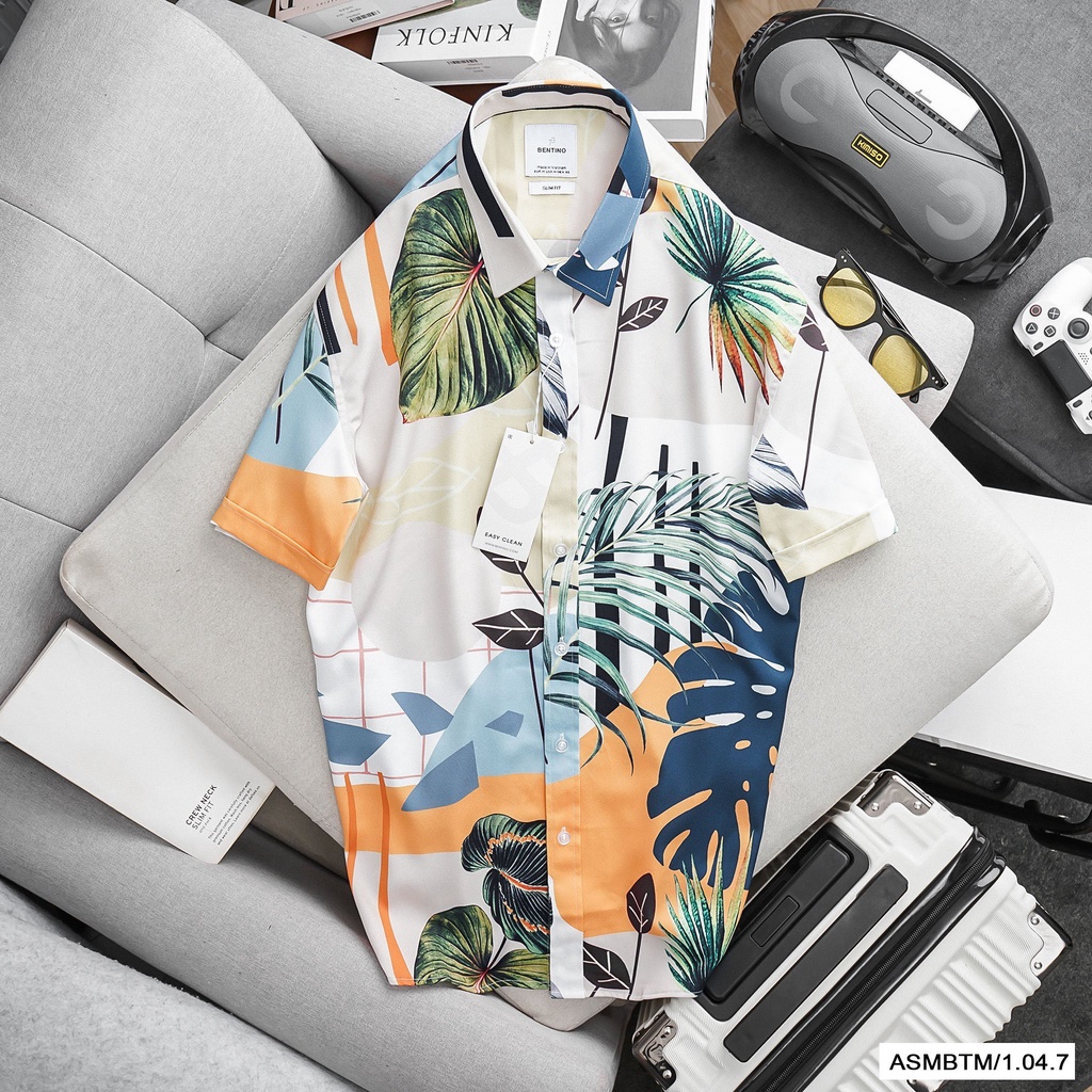Áo sơ mi nam tay ngắn, họa tiết tươi trẻ, chất modal mặc siêu mát 1047
