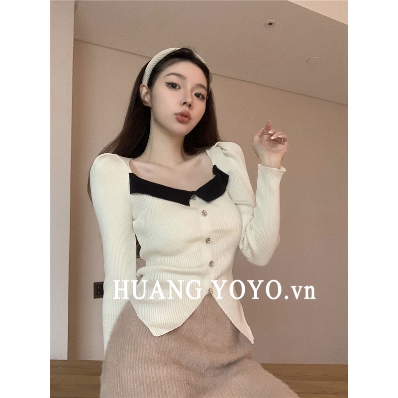 Áo Dệt Kim Tay Dài Cổ Vuông Màu Tương Phản Phong Cách Hàn Quốc Thời Trang Cho Nữ 2023