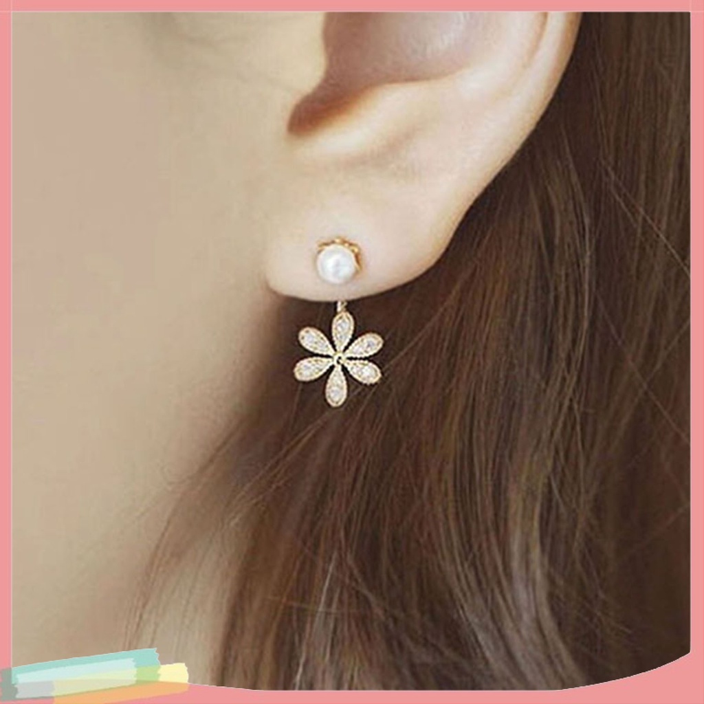 Đôi khuyên tai hình hoa đính kim cương ngọc trai giả thời trang cho nữ