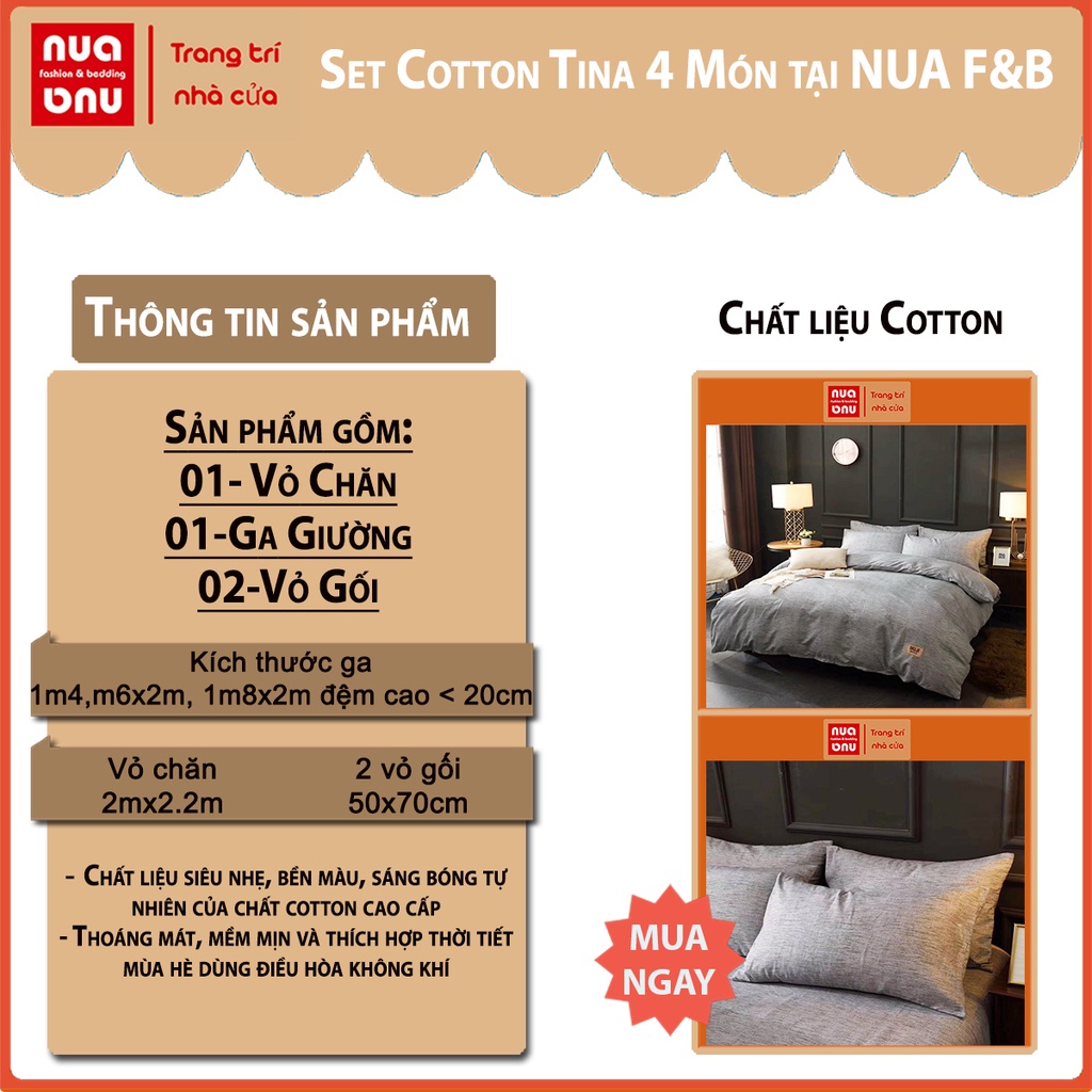 Bộ ga gối cotton tina cùng vỏ chăn set 4 món chăn ga cotton mát mịn thoáng khí