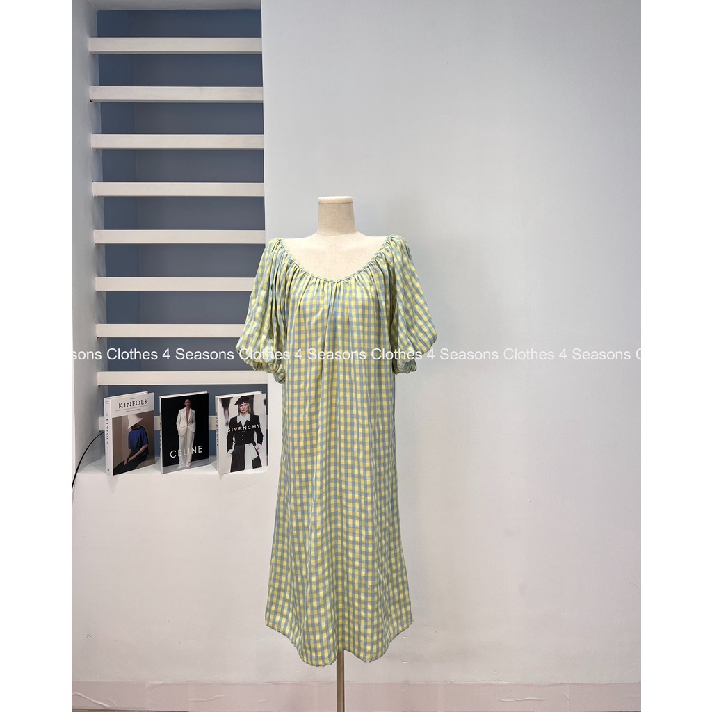 Đầm maxi dáng suông cổ thuyền tay bo phồng họa tiết ô vuông M067 - 4Seasonsclothes