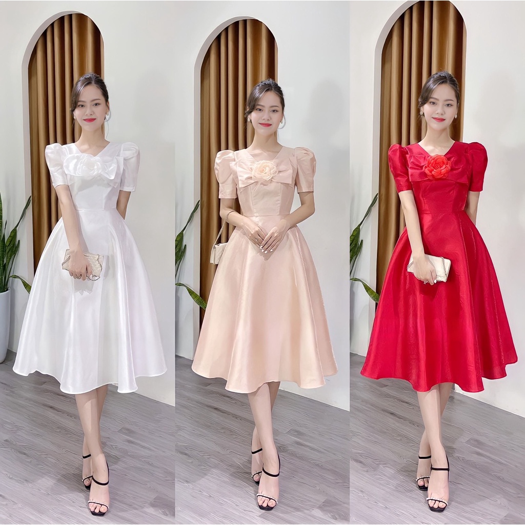 Đầm tiểu thư dáng dài, đầm nữ đi chơi dễ thương với thiết kế nơ phối hoa ngực chất vải tapta cao cấp
