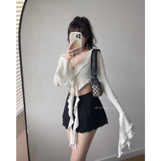 Áo crop tay dài bèo tua rua TRẮNG