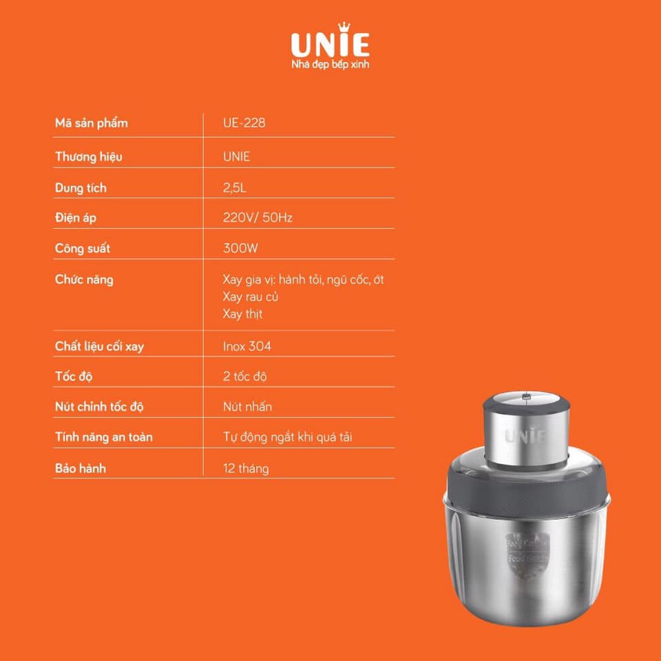 Máy Xay Thịt, Máy Xay Đa Năng UNIE UE-226 - 3 Cối Inox 304 - 2 Lưỡi Xay